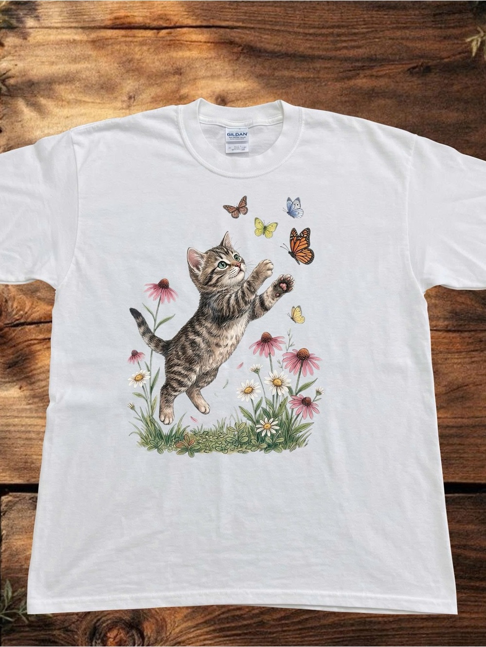 Gildan White Tee with Tabby Kitten and Colorful Butterflies